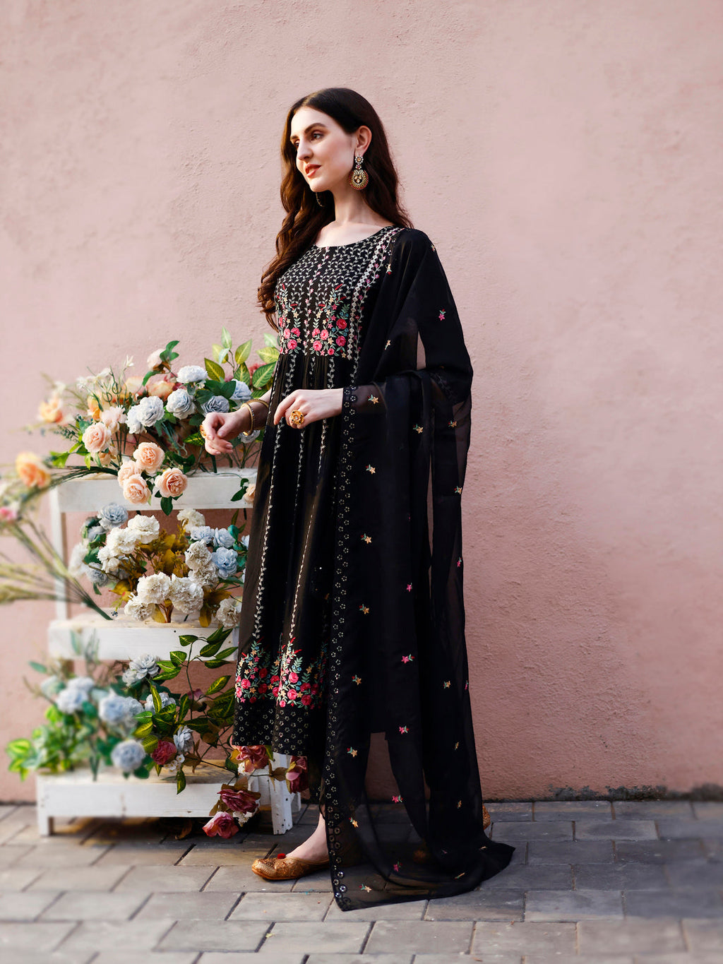 Nyra Cut Floral Front Embroidered Kurta With Pant & Organza Embroidered Dupatta Premium Luxury, Multicolor - Hiral Fashion | Grocsy