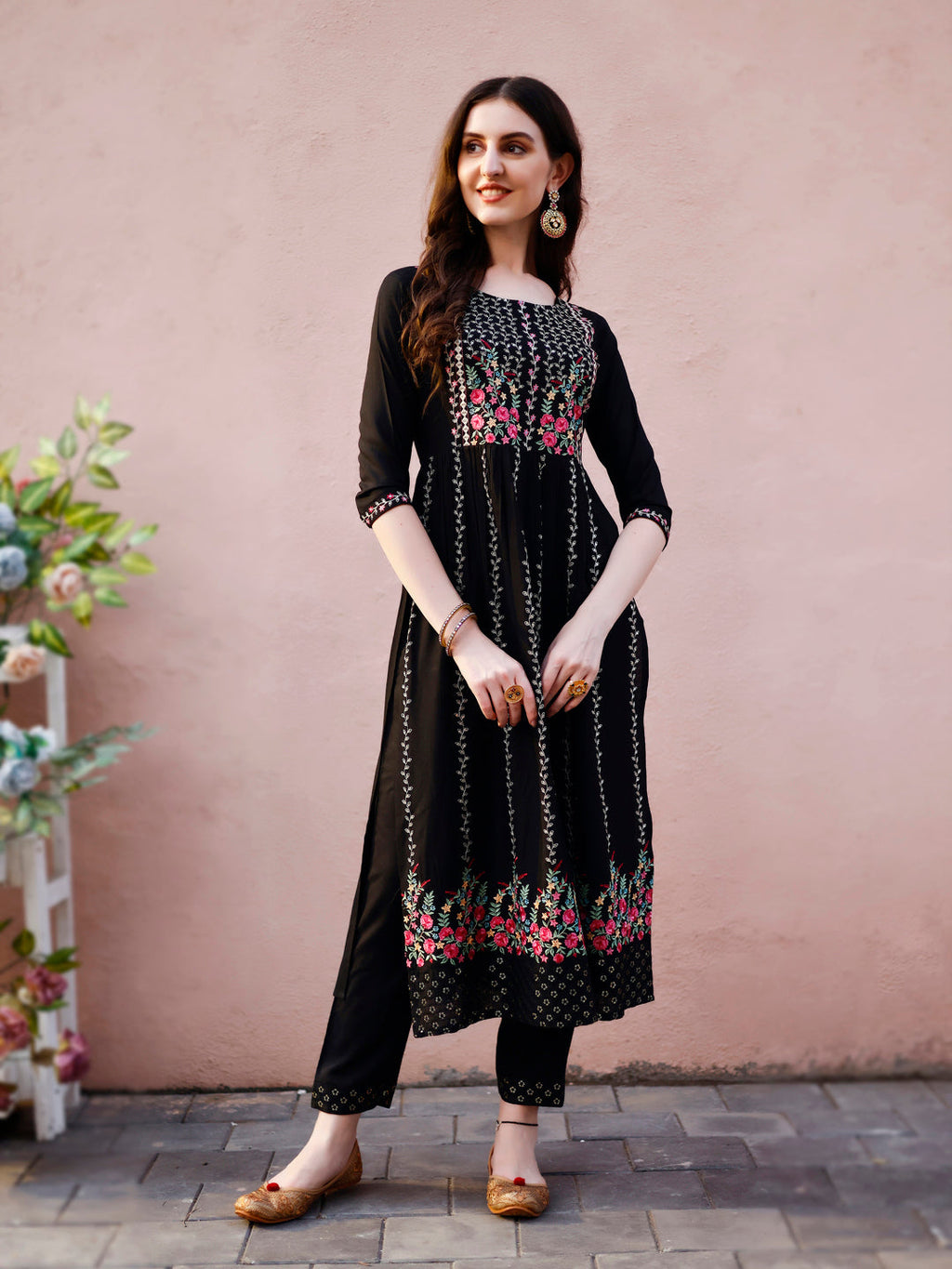 Nyra Cut Floral Front Embroidered Kurta With Pant & Organza Embroidered Dupatta Premium Luxury, Multicolor - Hiral Fashion | Grocsy