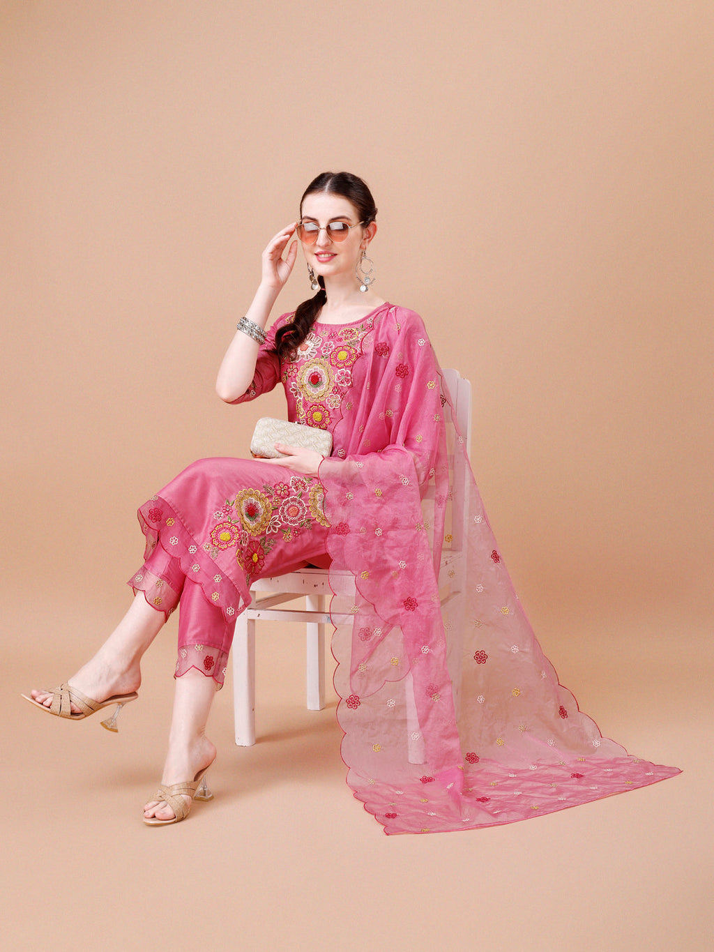Hand Embroidered Kurta With Pant & Embroidered Organza Dupatta Premium, Multicolor - Hiral Fashion | Grocsy