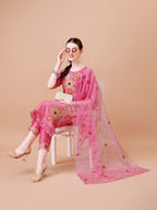 Hand Embroidered Kurta With Pant & Embroidered Organza Dupatta Premium, Multicolor - Hiral Fashion | Grocsy