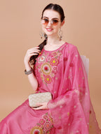 Hand Embroidered Kurta With Pant & Embroidered Organza Dupatta Premium, Multicolor - Hiral Fashion | Grocsy