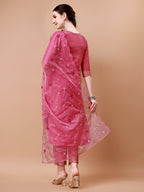 Hand Embroidered Kurta With Pant & Embroidered Organza Dupatta Premium, Multicolor - Hiral Fashion | Grocsy