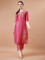 Hand Embroidered Kurta With Pant & Embroidered Organza Dupatta Premium, Multicolor - Hiral Fashion | Grocsy