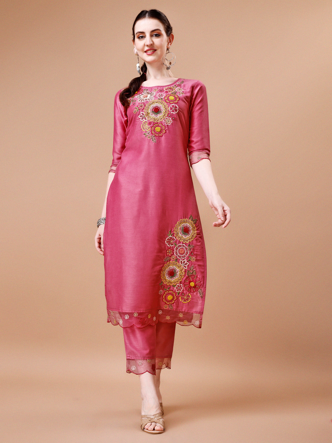 Hand Embroidered Kurta With Pant & Embroidered Organza Dupatta Premium, Multicolor - Hiral Fashion | Grocsy