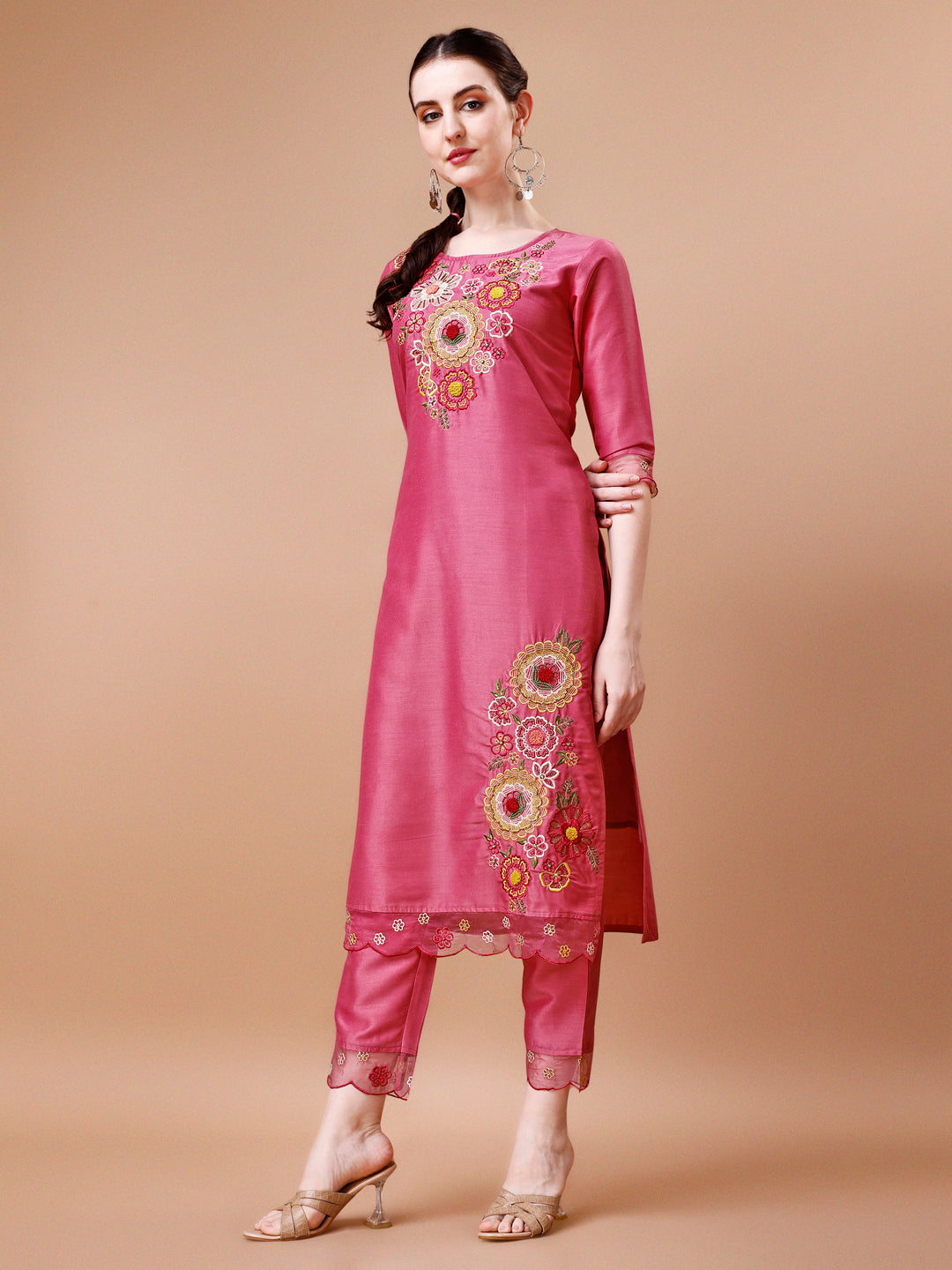 Hand Embroidered Kurta With Pant & Embroidered Organza Dupatta Premium, Multicolor - Hiral Fashion | Grocsy
