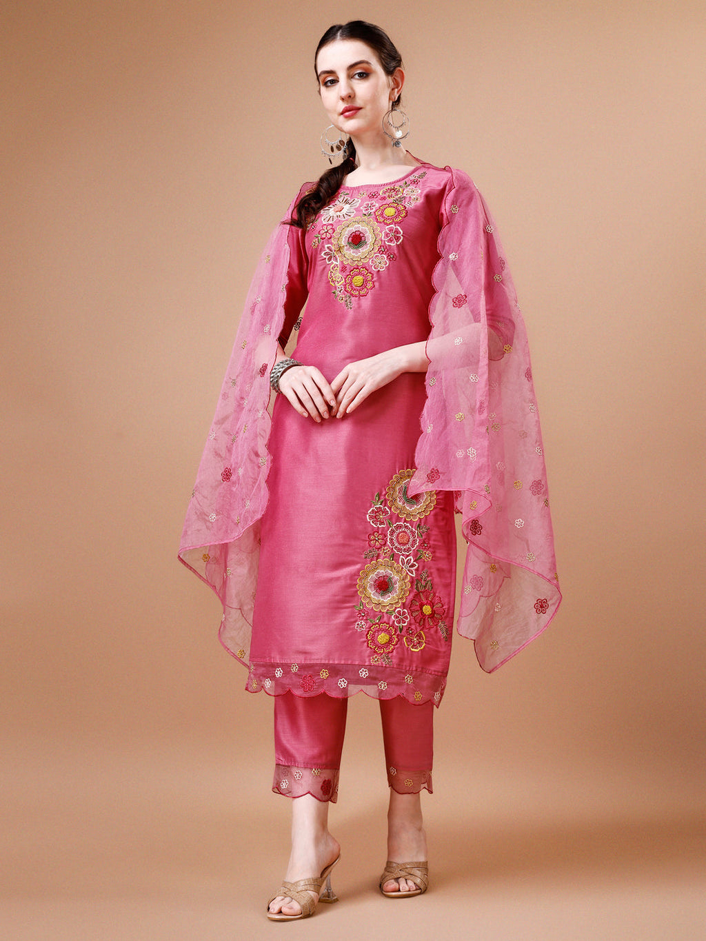 Hand Embroidered Kurta With Pant & Embroidered Organza Dupatta Premium, Multicolor - Hiral Fashion | Grocsy