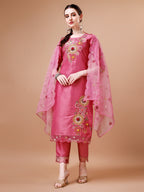 Hand Embroidered Kurta With Pant & Embroidered Organza Dupatta Premium, Multicolor - Hiral Fashion | Grocsy