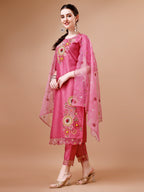 Hand Embroidered Kurta With Pant & Embroidered Organza Dupatta Premium, Multicolor - Hiral Fashion | Grocsy