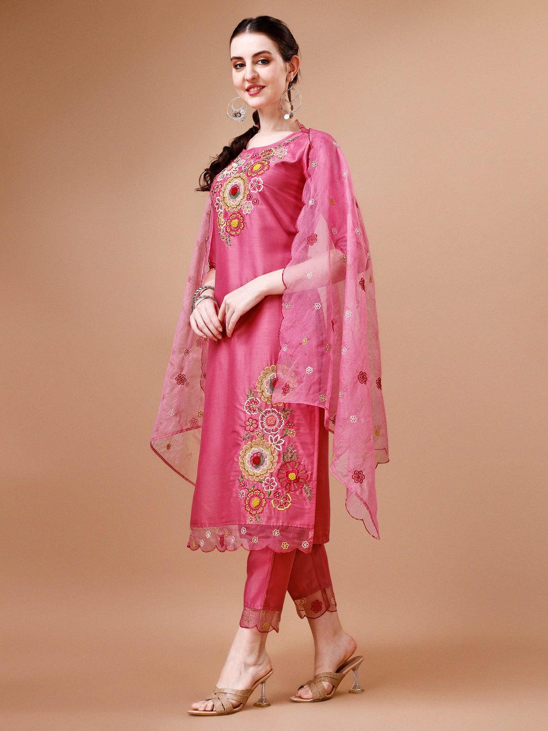 Hand Embroidered Kurta With Pant & Embroidered Organza Dupatta Premium, Multicolor - Hiral Fashion | Grocsy