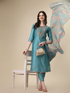 Hand Embroidered Kurta With Pant & Printed Dupatta Set, Multicolor - Hiral Fashion | Grocsy