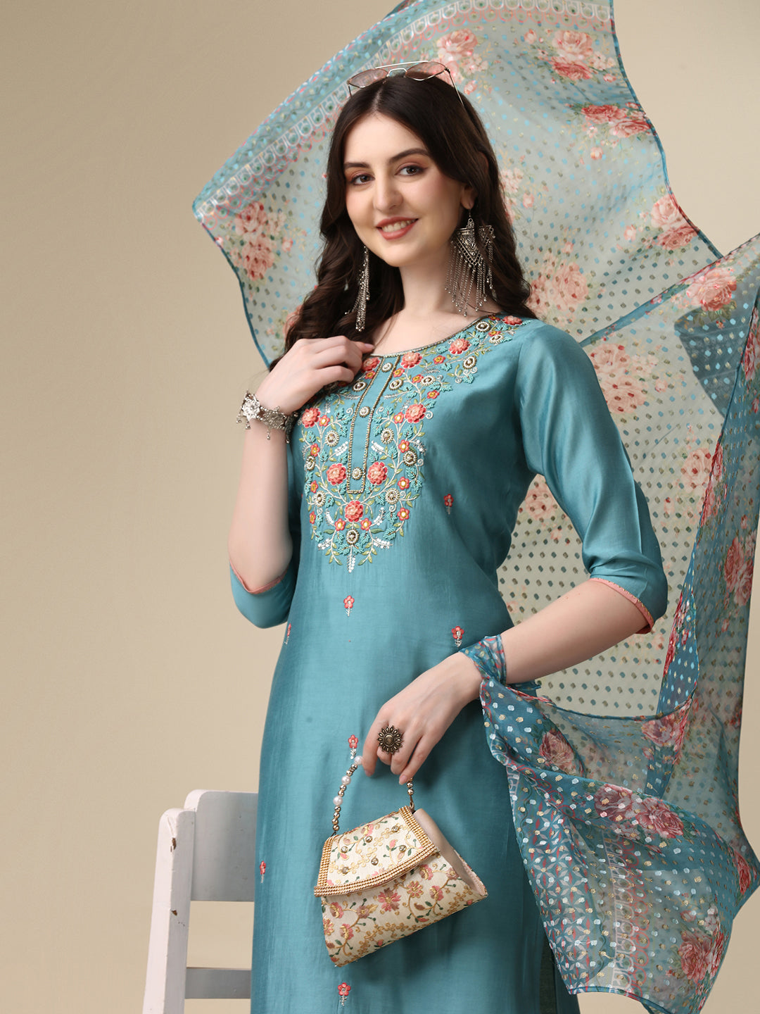 Hand Embroidered Kurta With Pant & Printed Dupatta Set, Multicolor - Hiral Fashion | Grocsy