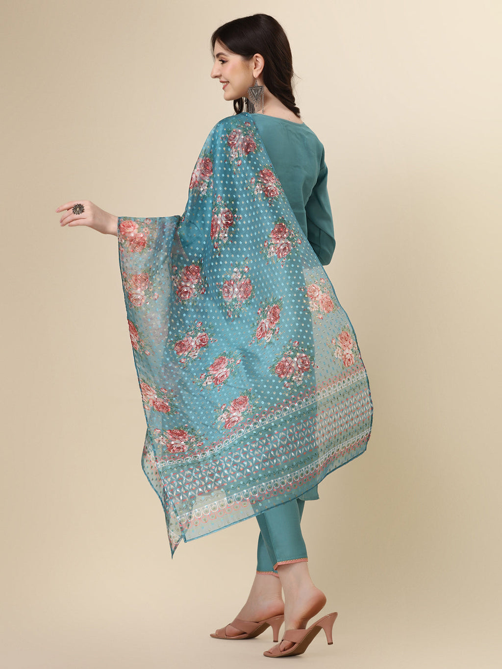 Hand Embroidered Kurta With Pant & Printed Dupatta Set, Multicolor - Hiral Fashion | Grocsy