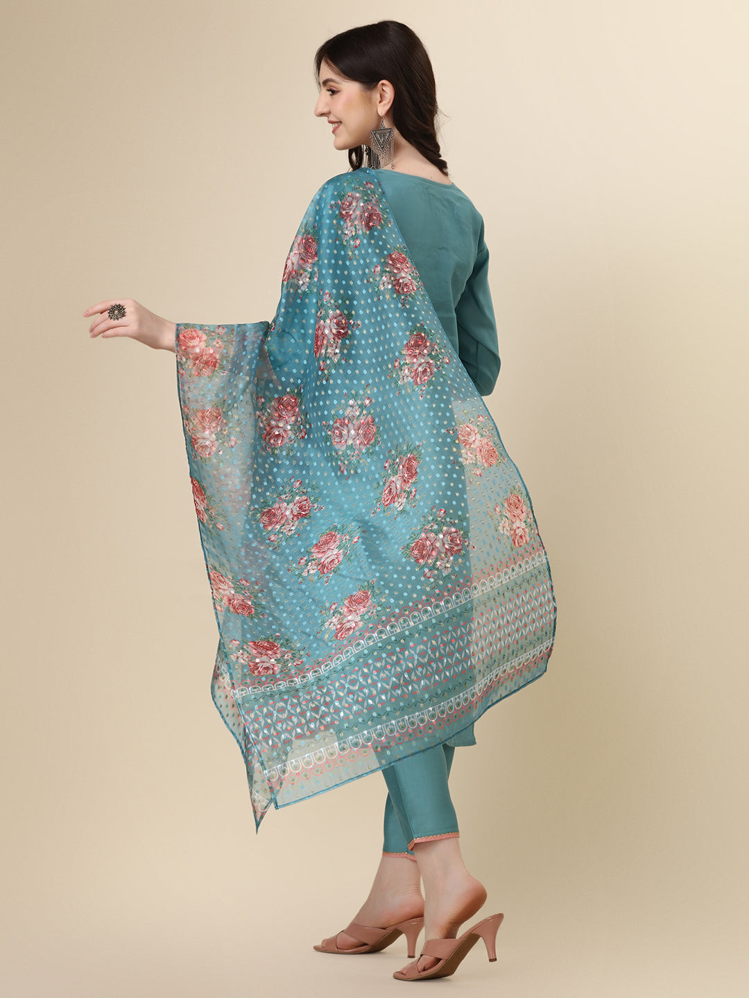Hand Embroidered Kurta With Pant & Printed Dupatta Set, Multicolor - Hiral Fashion | Grocsy
