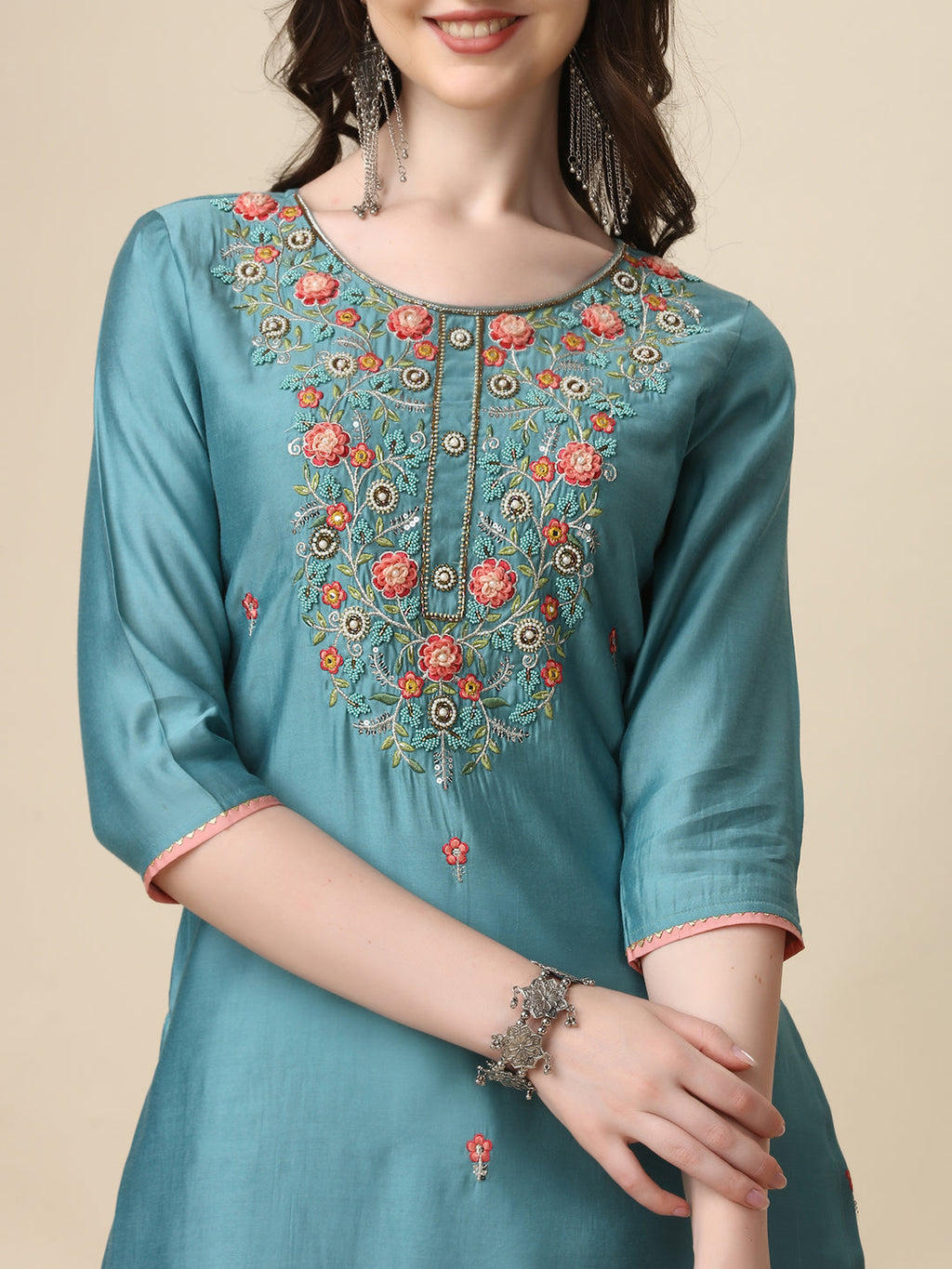 Hand Embroidered Kurta With Pant & Printed Dupatta Set, Multicolor - Hiral Fashion | Grocsy