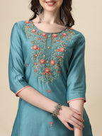 Hand Embroidered Kurta With Pant & Printed Dupatta Set, Multicolor - Hiral Fashion | Grocsy