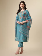 Hand Embroidered Kurta With Pant & Printed Dupatta Set, Multicolor - Hiral Fashion | Grocsy