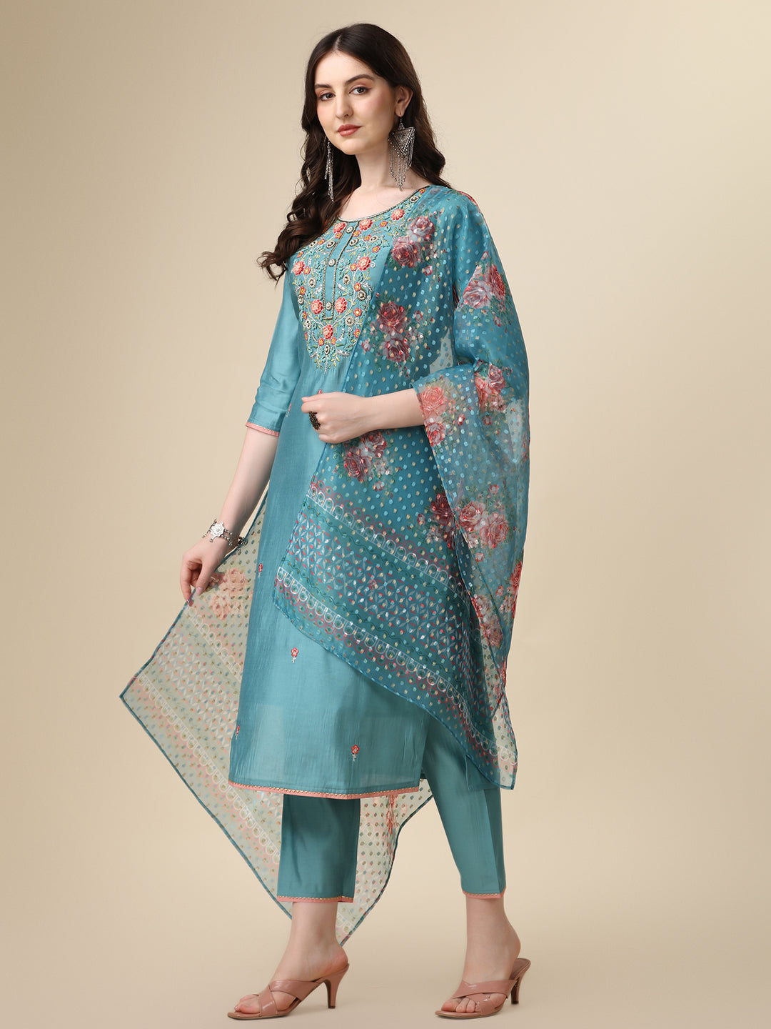 Hand Embroidered Kurta With Pant & Printed Dupatta Set, Multicolor - Hiral Fashion | Grocsy