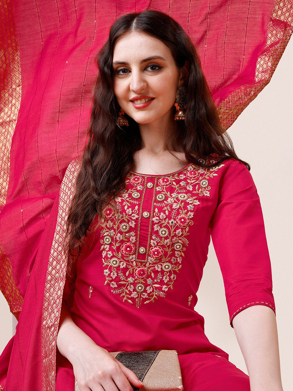 Hand Embroidered Kurta With Pant & Dupatta, Multicolor - Hiral Fashion | Grocsy