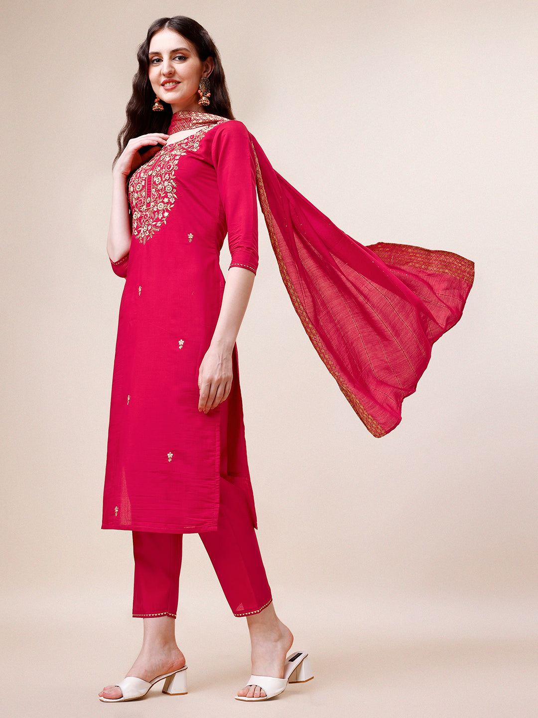 Hand Embroidered Kurta With Pant & Dupatta, Multicolor - Hiral Fashion | Grocsy