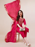 Hand Embroidered Kurta With Pant & Dupatta, Multicolor - Hiral Fashion | Grocsy