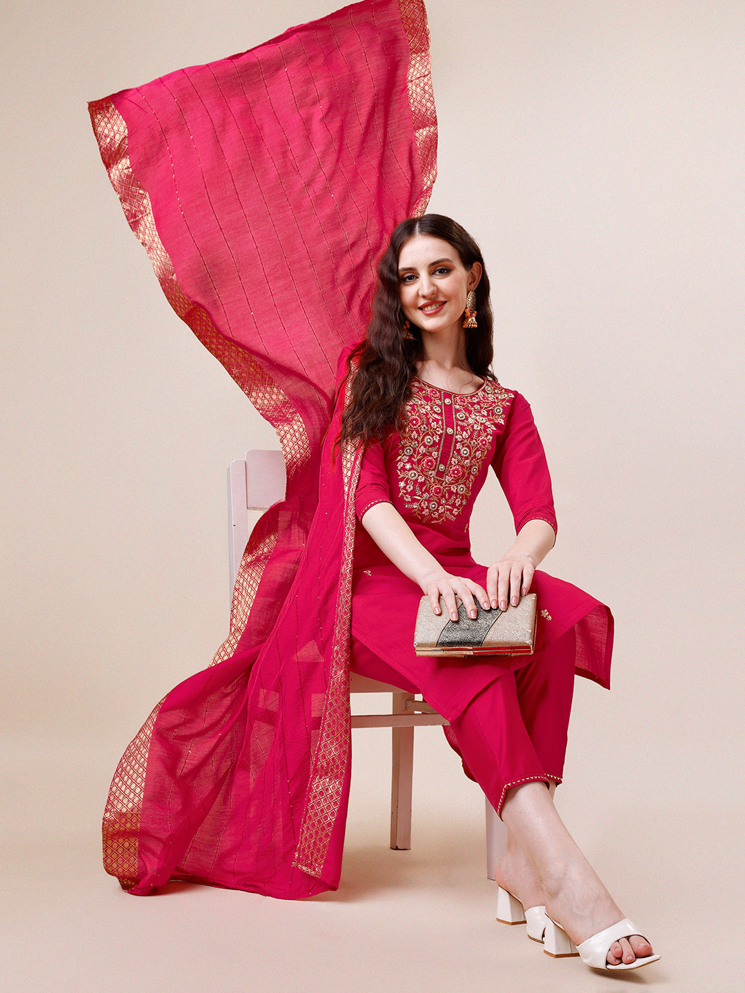 Hand Embroidered Kurta With Pant & Dupatta, Multicolor - Hiral Fashion | Grocsy