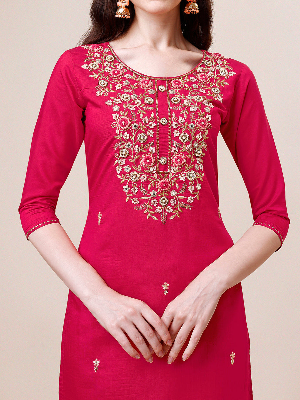 Hand Embroidered Kurta With Pant & Dupatta, Multicolor - Hiral Fashion | Grocsy