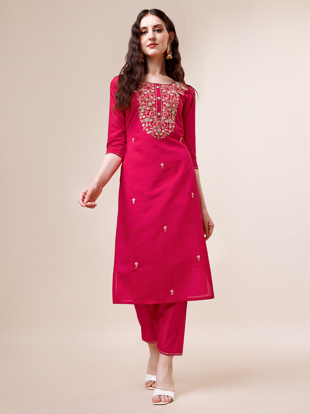 Hand Embroidered Kurta With Pant & Dupatta, Multicolor - Hiral Fashion | Grocsy