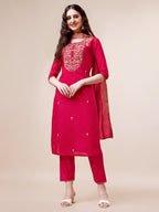 Hand Embroidered Kurta With Pant & Dupatta, Multicolor - Hiral Fashion | Grocsy