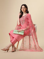 Embroidered Kurta With Pant & Printed Dupatta Set, Multicolor - Hiral Fashion | Grocsy