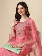 Embroidered Kurta With Pant & Printed Dupatta Set, Multicolor - Hiral Fashion | Grocsy