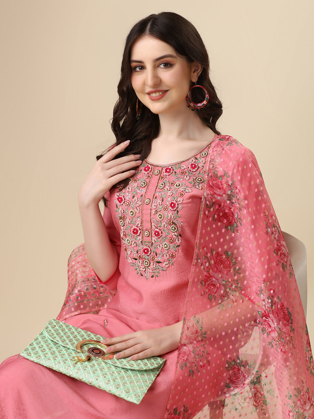 Embroidered Kurta With Pant & Printed Dupatta Set, Multicolor - Hiral Fashion | Grocsy
