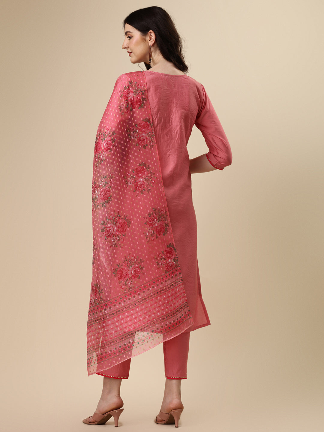 Embroidered Kurta With Pant & Printed Dupatta Set, Multicolor - Hiral Fashion | Grocsy