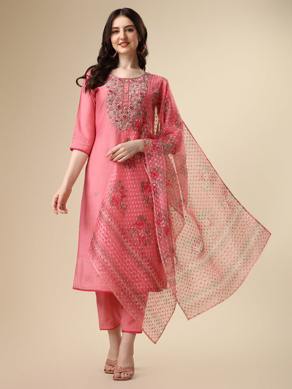 Embroidered Kurta With Pant & Printed Dupatta Set, Multicolor - Hiral Fashion | Grocsy
