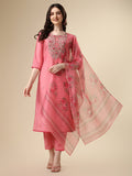 Embroidered Kurta With Pant & Printed Dupatta Set, Multicolor - Hiral Fashion | Grocsy