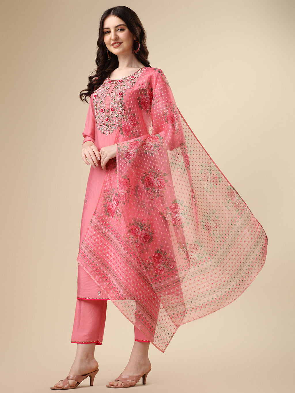 Embroidered Kurta With Pant & Printed Dupatta Set, Multicolor - Hiral Fashion | Grocsy