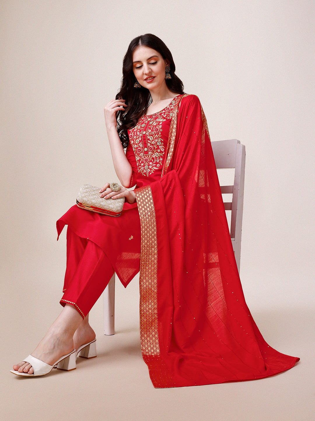 Hand Embroidered Kurta With Pant & Dupatta, Multicolor - Hiral Fashion | Grocsy