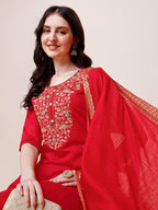 Hand Embroidered Kurta With Pant & Dupatta, Multicolor - Hiral Fashion | Grocsy