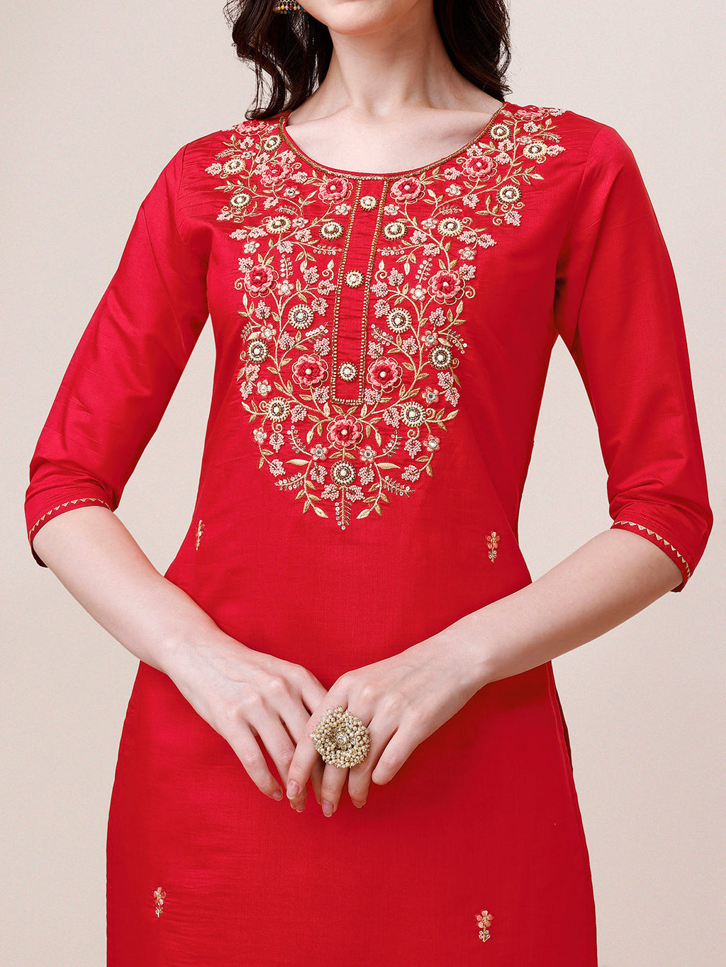 Hand Embroidered Kurta With Pant & Dupatta, Multicolor - Hiral Fashion | Grocsy