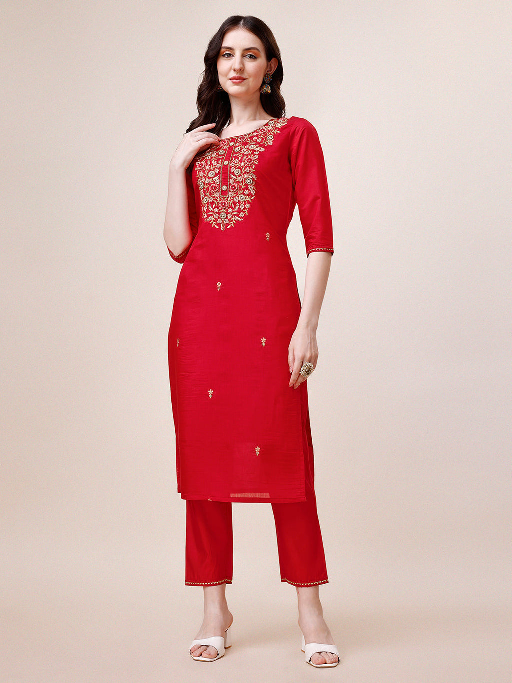 Hand Embroidered Kurta With Pant & Dupatta, Multicolor - Hiral Fashion | Grocsy
