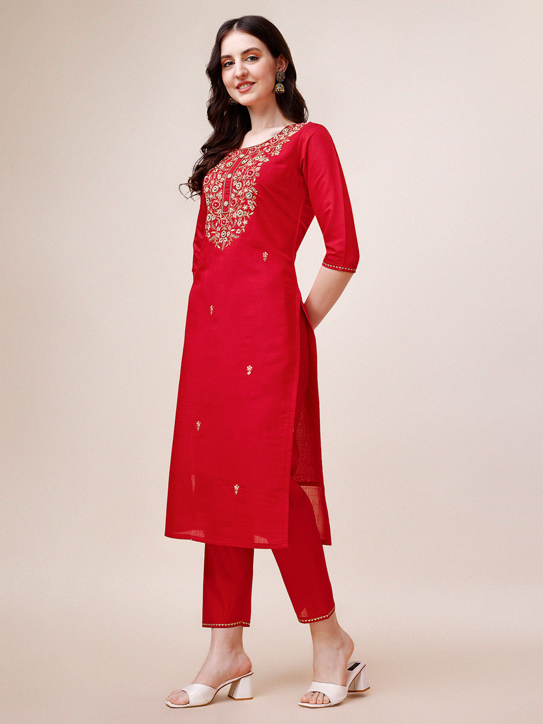 Hand Embroidered Kurta With Pant & Dupatta, Multicolor - Hiral Fashion | Grocsy