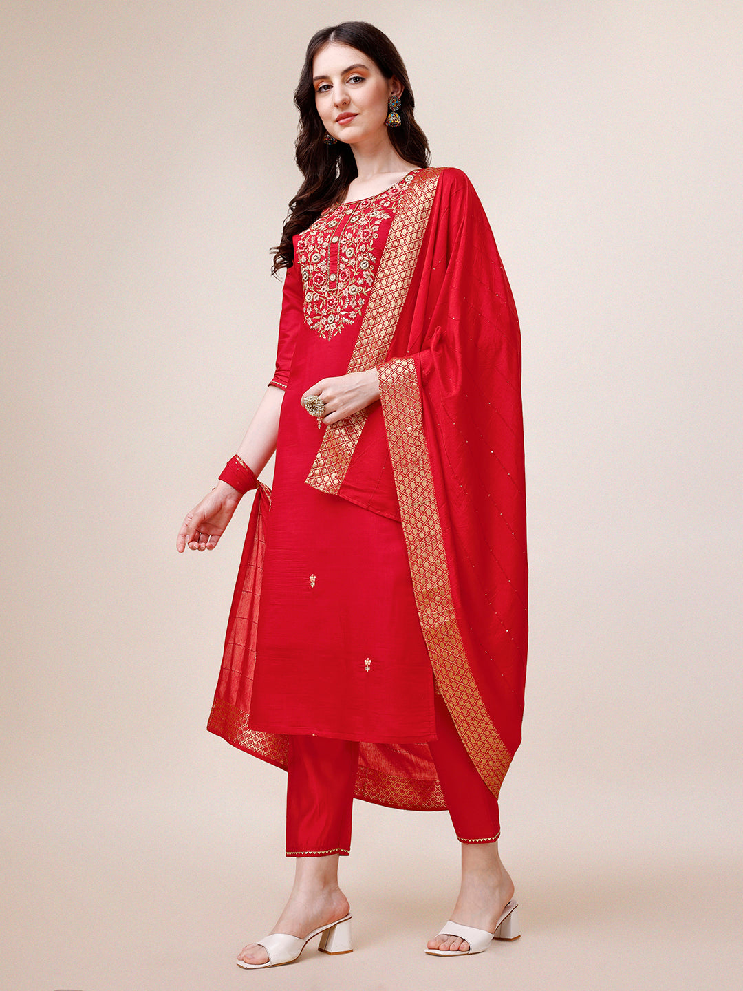 Hand Embroidered Kurta With Pant & Dupatta, Multicolor - Hiral Fashion | Grocsy