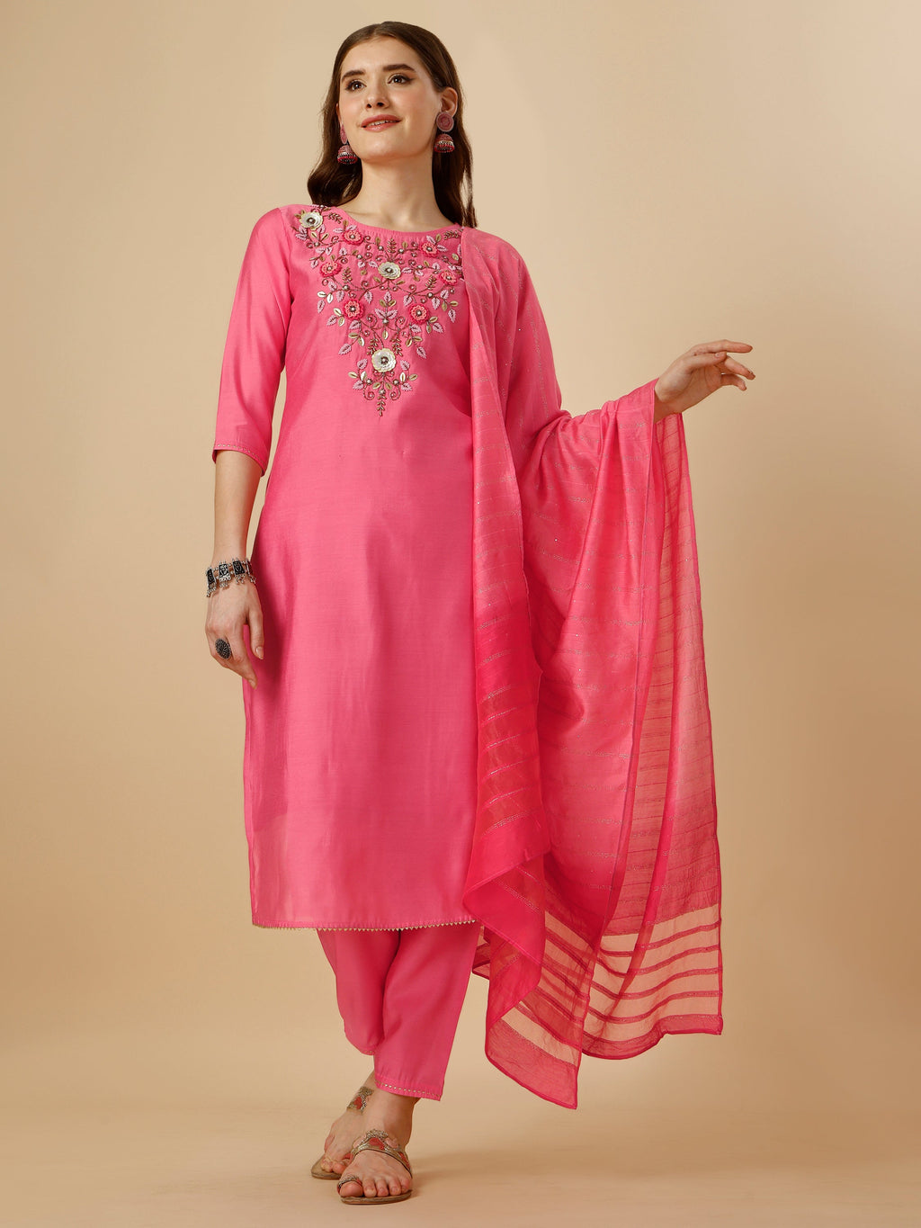 Embroidered Kurta With Pant And Dupatta Set, Multicolor - Hiral Fashion | Grocsy