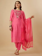 Embroidered Kurta With Pant And Dupatta Set, Multicolor - Hiral Fashion | Grocsy