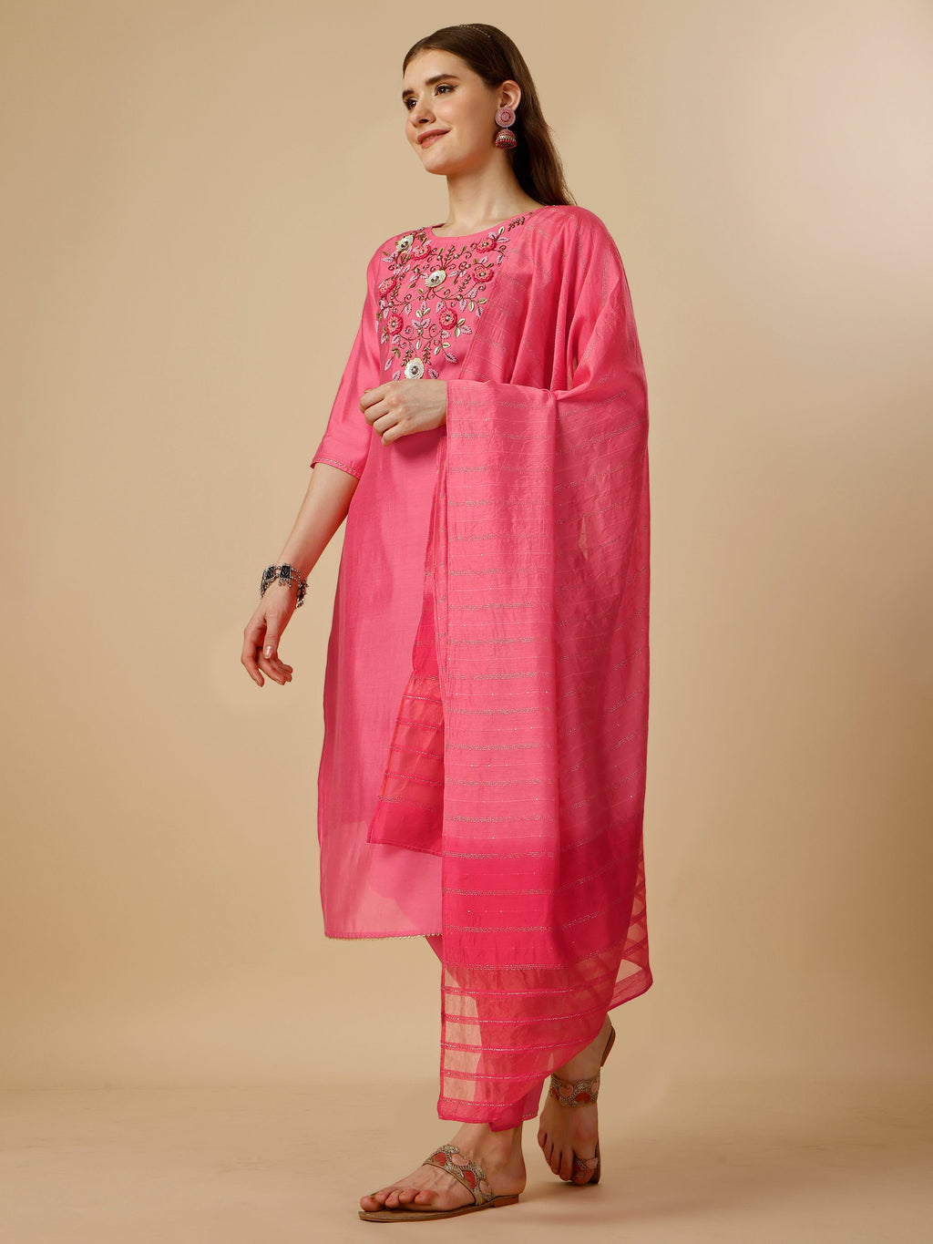 Embroidered Kurta With Pant And Dupatta Set, Multicolor - Hiral Fashion | Grocsy