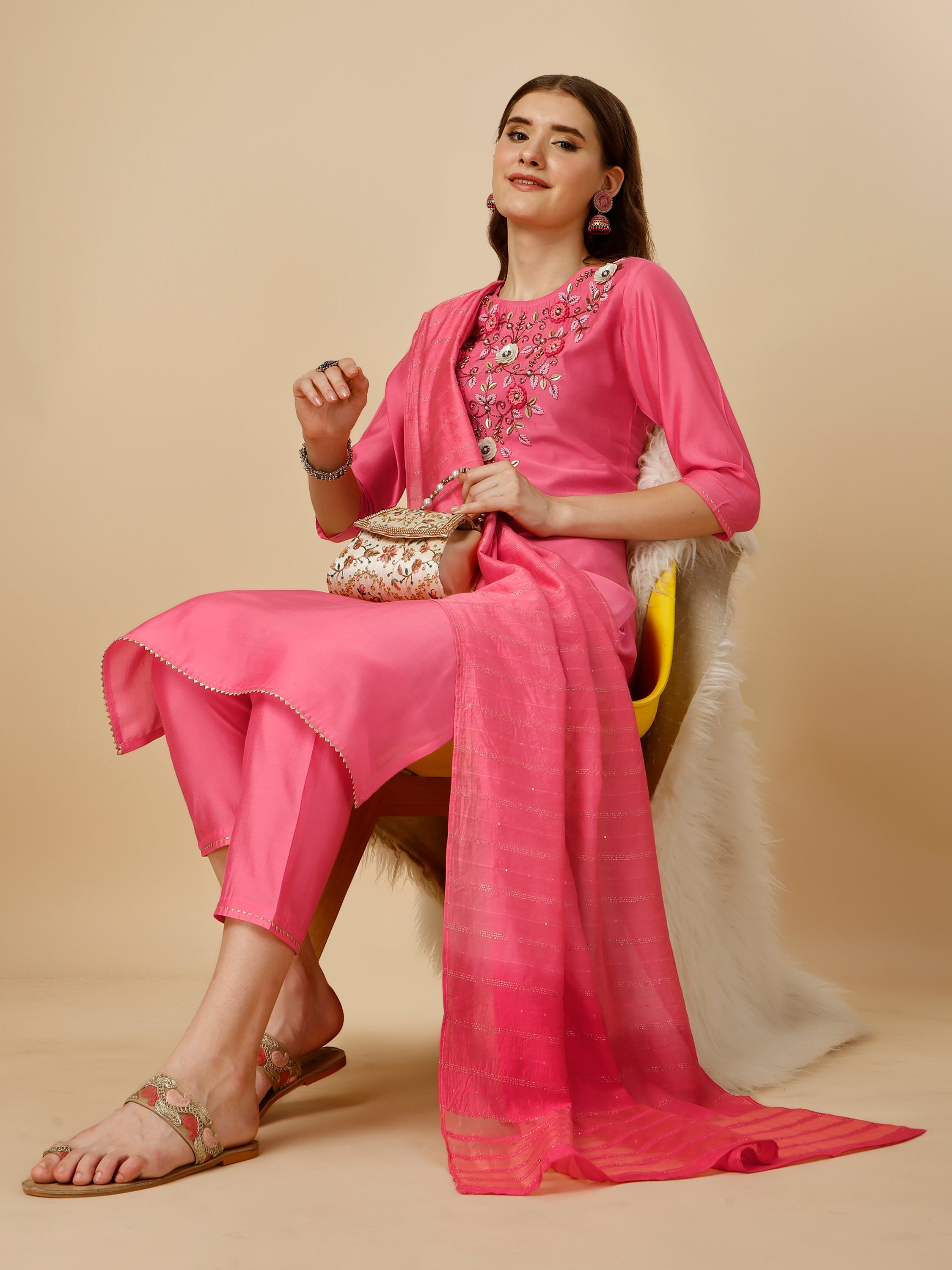 Embroidered Kurta With Pant And Dupatta Set, Multicolor - Hiral Fashion | Grocsy