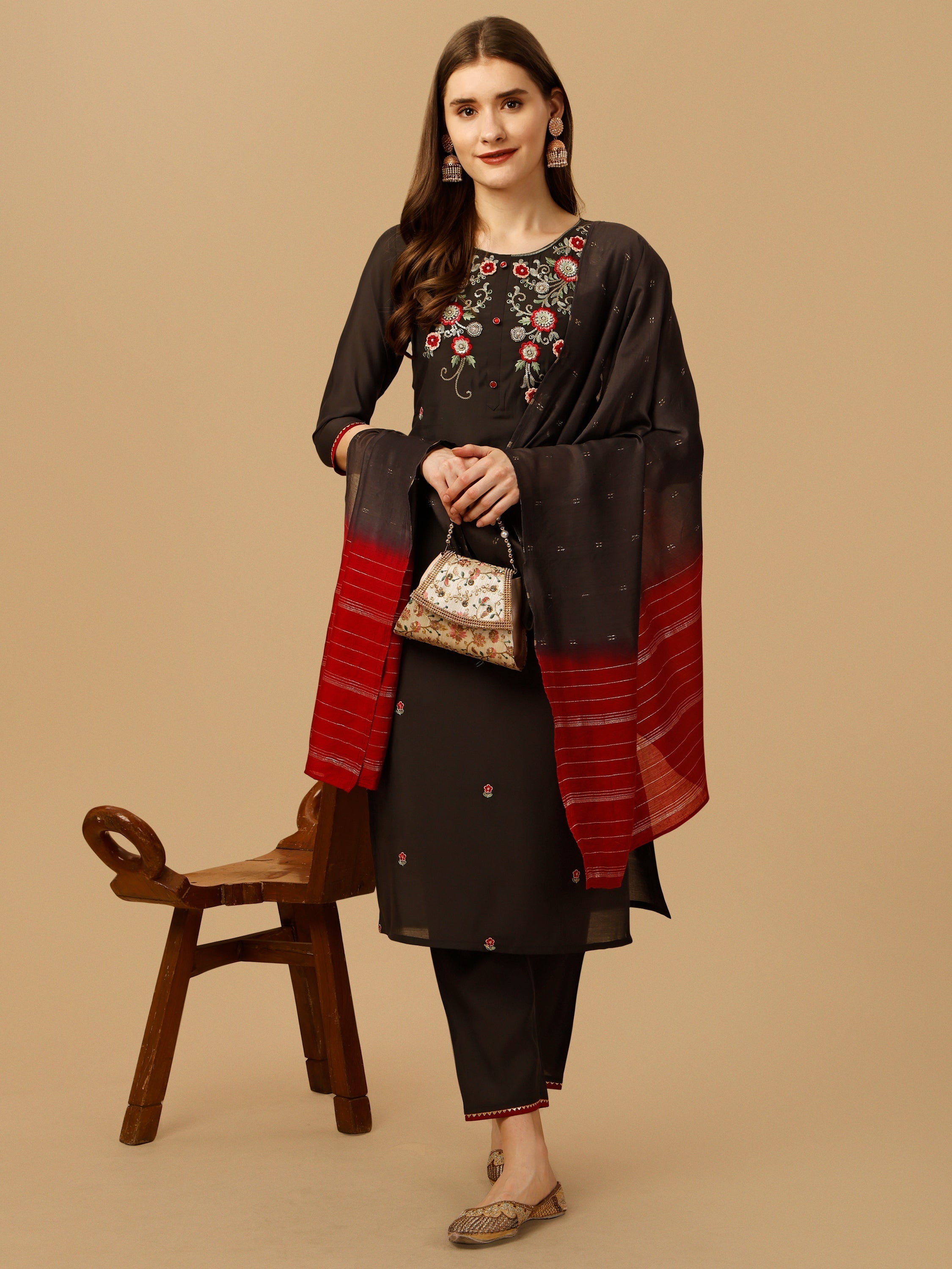 Hand Embroidered Kurta With Pant And Dupatta Set, Multicolor - Hiral Fashion | Grocsy