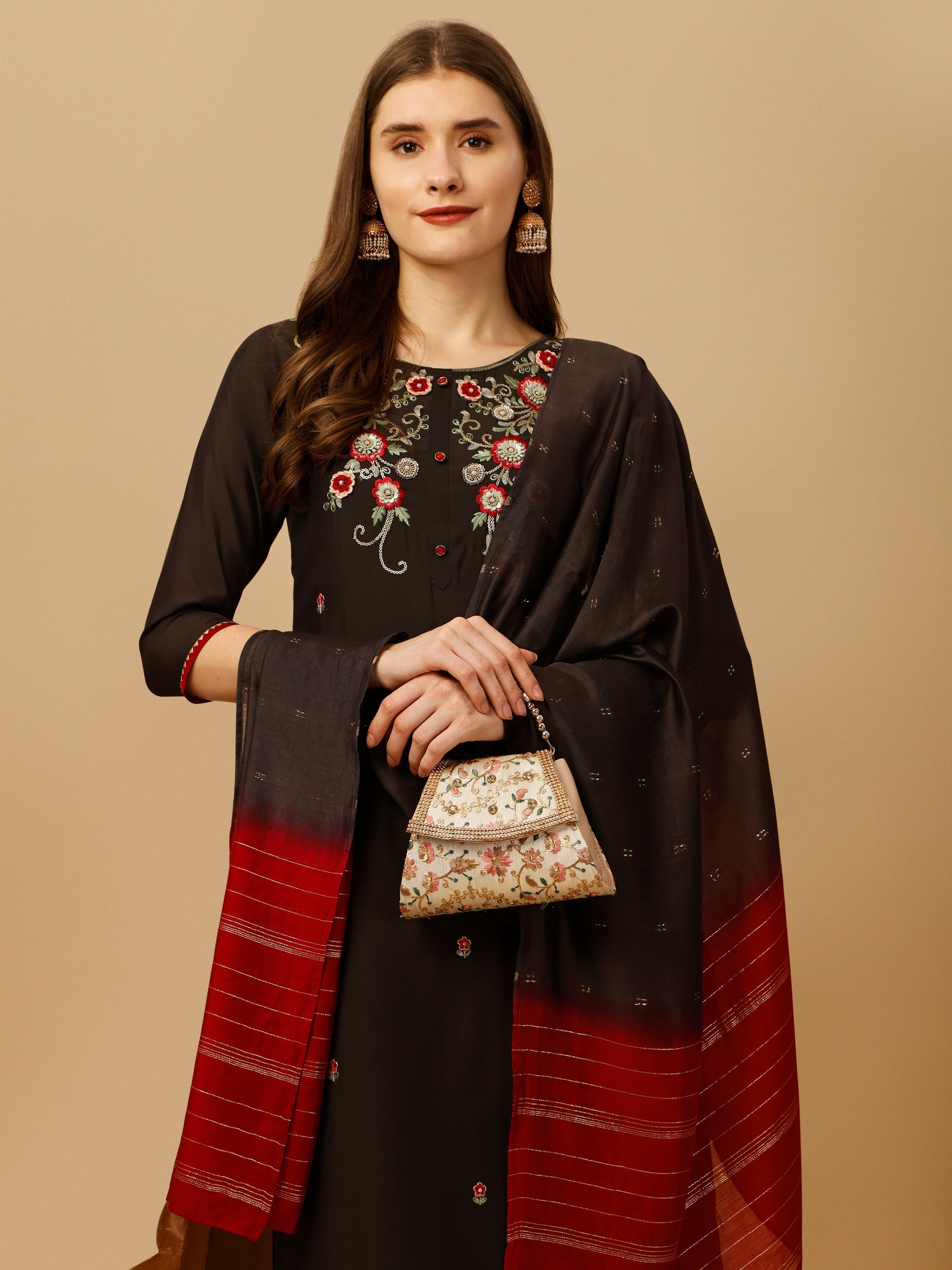 Hand Embroidered Kurta With Pant And Dupatta Set, Multicolor - Hiral Fashion | Grocsy