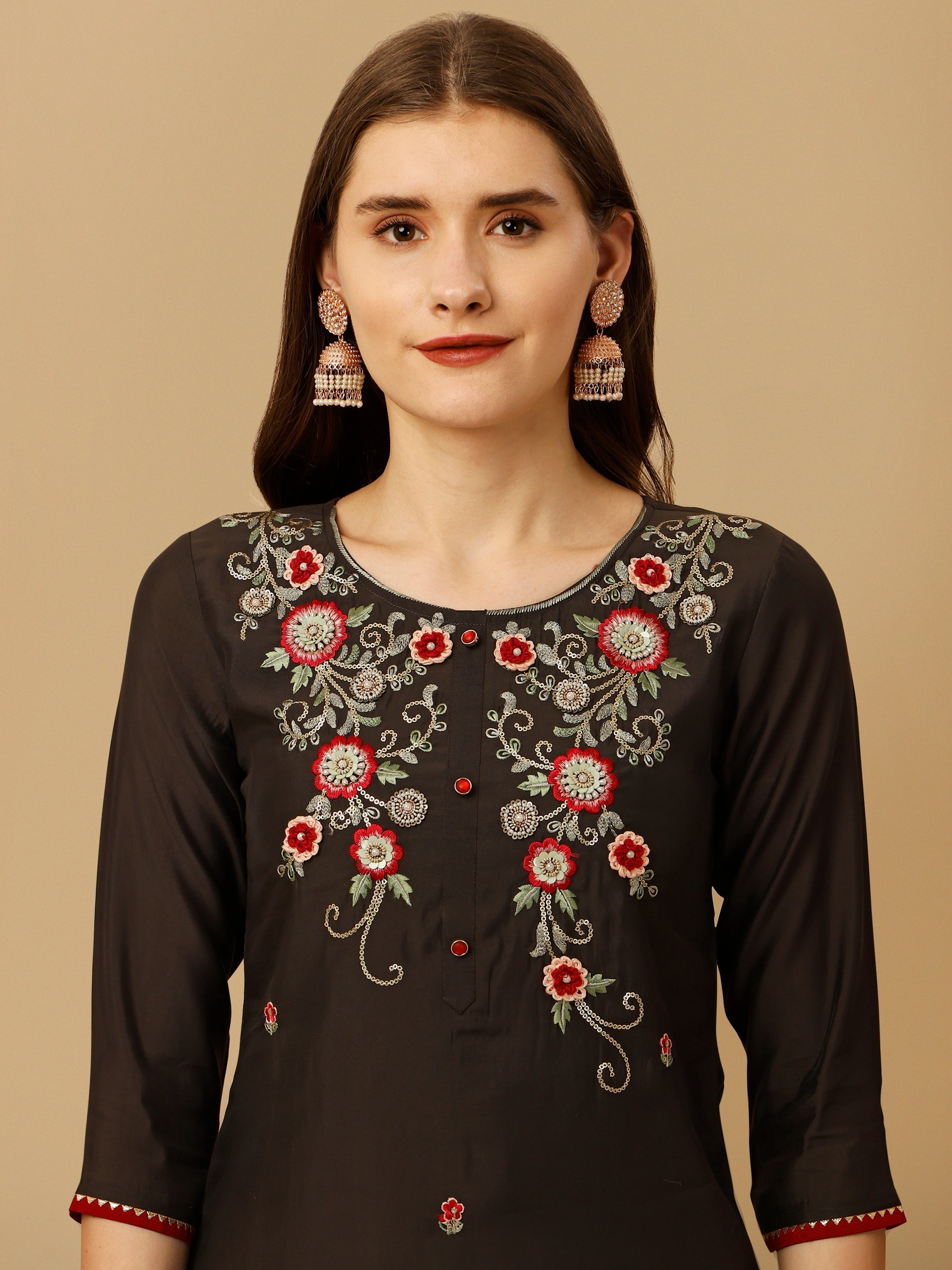 Hand Embroidered Kurta With Pant And Dupatta Set, Multicolor - Hiral Fashion | Grocsy