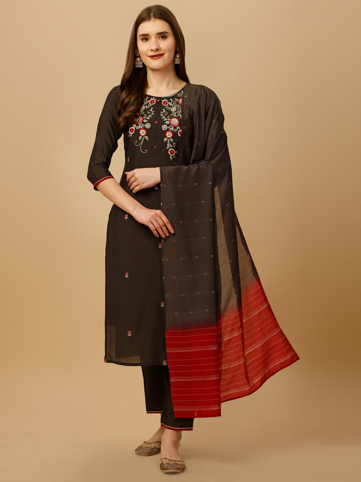 Hand Embroidered Kurta With Pant And Dupatta Set, Multicolor - Hiral Fashion | Grocsy