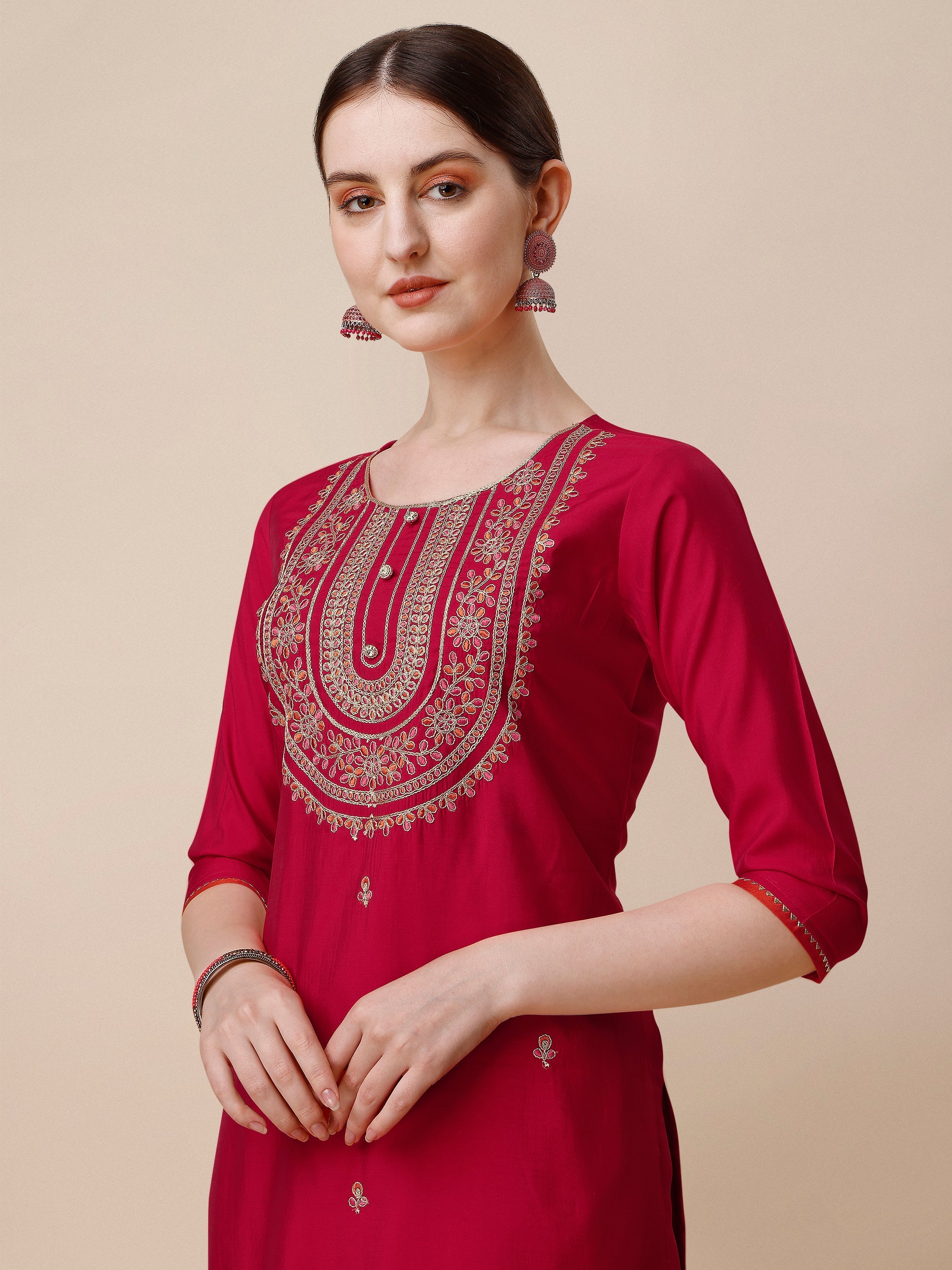 Embroidered Kurta With Pant And Dupatta Set, Multicolor - Hiral Fashion | Grocsy